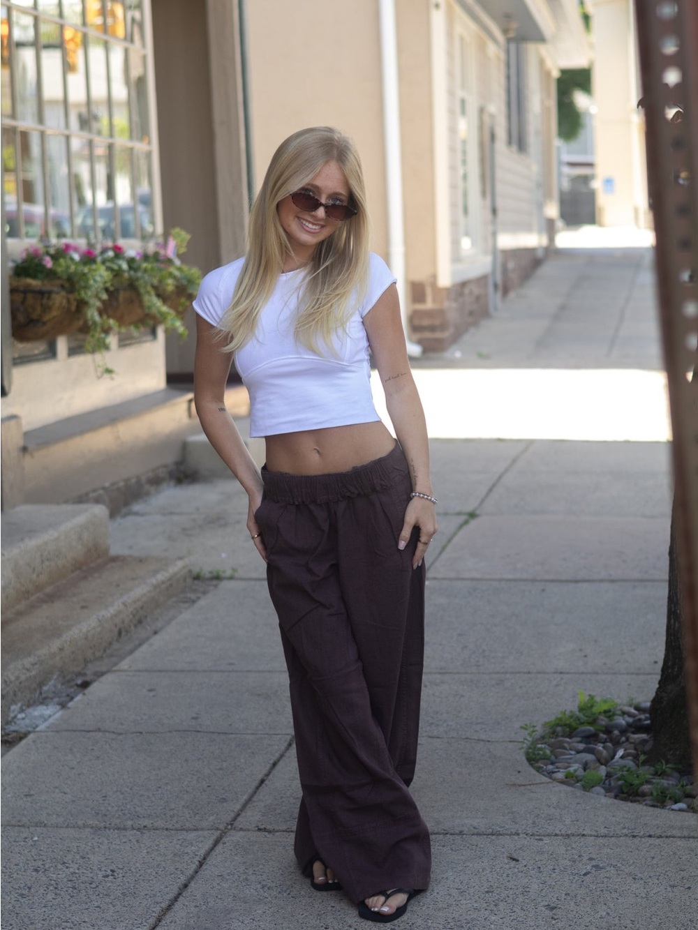 Free People Brown Wide-Leg Linen Blend Trousers